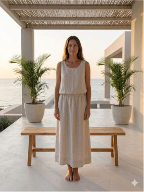 JONES NEW YORK Linen Maxi Dress 12P Petite Tan Beige Minimalist Resort Pockets